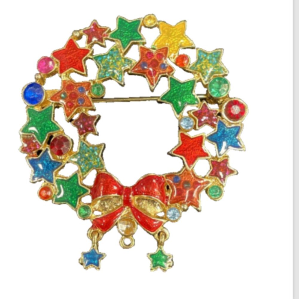 Christopher Radko Enamel Wreath Brooch Signed Gold Tone Stars & Bow Vintage